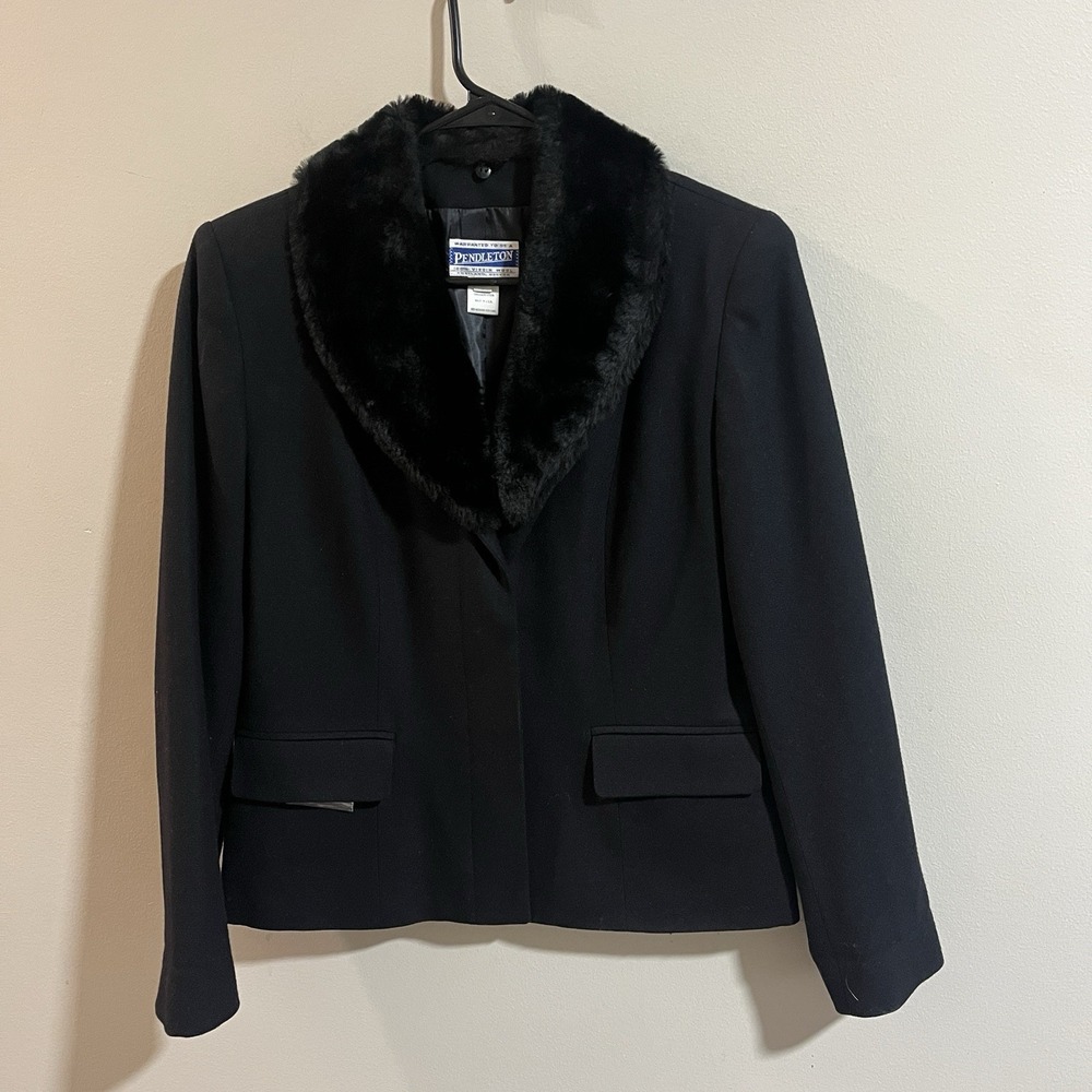 Pendleton Black 100% Wool Blazer Jacket w/ Faux Fur Collar Sz 8‎